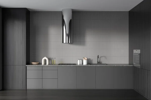 Dark Kitchen Interior Cabinet Sink Oven Mounted Deck Kitchenware Shelves — Stock fotografie