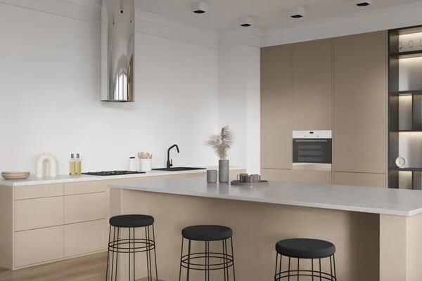 Corner view on bright kitchen room interior with oven, cupboard, island with barstools, oven, gas cooker, oak wooden floor. Concept of minimalist design. Space for creative idea. 3d rendering
