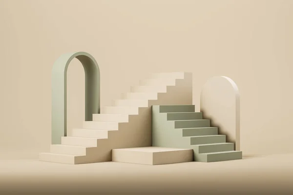 Stairs Podium Geometric Shapes Beige Background Green Arch Stage Product — Foto de Stock