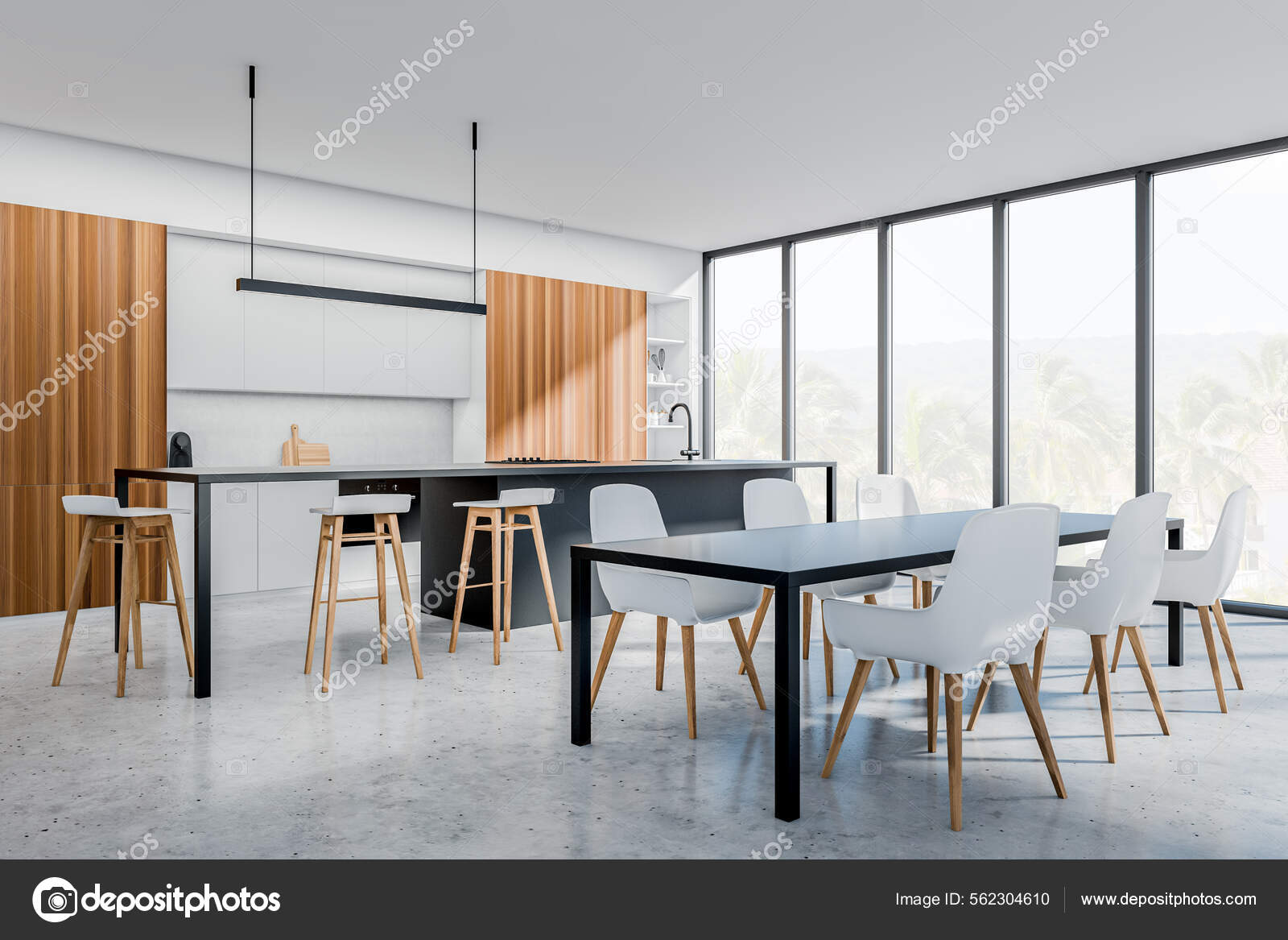 White Kitchen Interior Chairs Eating Table Countertop Light Concrete