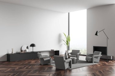 Relax zone interior with four armchairs and shelf with art decoration, side view, window on countryside. Mockup copy space white wall, 3D rendering