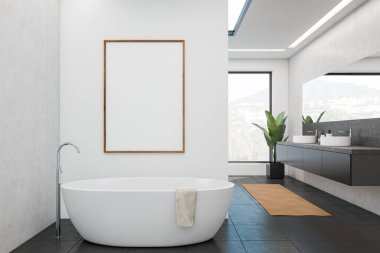 Front view on dark bathroom interior with empty white poster, bathtub, panoramic window with town view, large mirror and sinks, white walls, houseplant, concrete tile floor. Mock up. 3d rendering