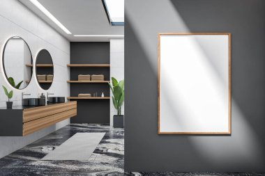 Front view on dark bathroom interior with empty white poster, two round mirrors and sinks, white walls, shelf with towels, houseplant, carpet, marble tile floor. Mock up. 3d rendering