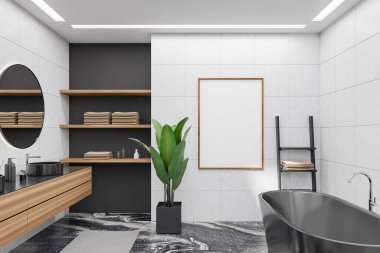Front view on dark bathroom interior with empty white poster, bathtub, round mirror and sink, white walls, shelf with towels, houseplant, carpet, marble tile floor. Mock up. 3d rendering