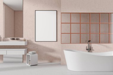 Stylish bathing room interior with sink and mirror, front view, light concrete floor. Stand with accessories. Mock up canvas frame. 3D rendering