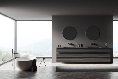 Karanlık banyo içi, küvet karıştırıcısı monte edilmiş, ahşap zeminde havlular olan bir masa. Aynalı çift lavabo, aksesuarlı güverte. Kırsal kesimde panoramik pencere. 3B görüntüleme