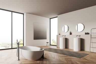 Banyo içi, banyo küveti, çift lavabo, yan görüş, ahşap zemin. Minimalist modern sanat posteri ve kırsal kesimde panoramik pencere. 3B görüntüleme