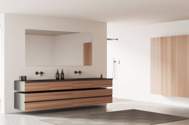 Beyaz banyo içinde çift lavabo, yuvarlak ayna, aksesuarlar için şifonyer, beton zemin üzerinde halı. Köşede duş al. 3B görüntüleme