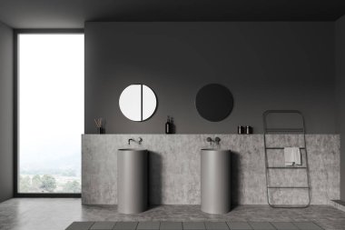 Çift lavabo ve kırsal alanda panoramik pencere, gri beton zeminde havlu demiryolu merdiveni, banyo aksesuarları. 3B görüntüleme