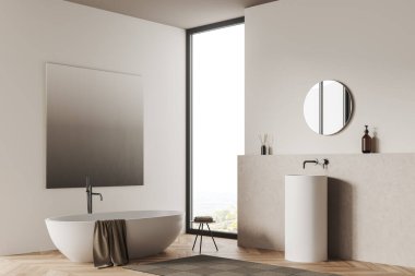 Parlak banyo manzarası, banyo küveti, kırsal manzaralı panoramik pencere, yuvarlak ayna ve lavabo, beyaz duvarlar, havlulu tabure, meşe ağacından ahşap zemin. 3d oluşturma
