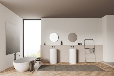 Banyonun içinde banyo küveti, kırsal manzaralı panoramik pencere, iki yuvarlak ayna ve lavabo, beyaz duvarlar, havlulu tabure, meşe ağacından ahşap zemin. 3d oluşturma
