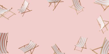 Güneş yatağı, plaj aksesuarları. Tur ve uçuş rezervasyonu. Plaj ve dinlenme odası kavramı. Kopyalama alanı, 3B oluşturma