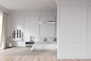 Beyaz yatak odası, yatak odası, aynalı tuvalet masası, sanat süslemeli komodin, ahşap zeminde halı. Boşluk boş duvarı kopyala. 3B görüntüleme