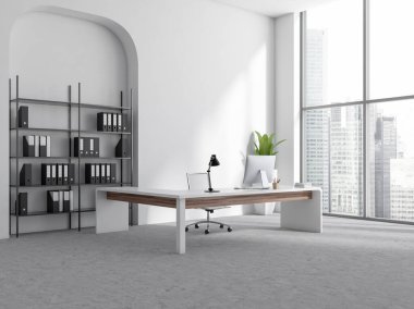 Masaüstü açık ofis odası manzarası, Singapur şehir manzaralı panoramik pencere, beyaz duvar, masa ve beton zemin. Yönetici çalışma sürecinin konsepti. 3d oluşturma