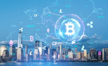 New York City gökdelenleri. Sanal dünya ile dijital arayüzü ve ön planda bitcoin kripto para birimi olan panoramik manzara. Uluslararası internet ticareti kavramı