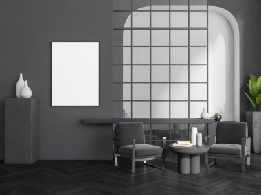 İki koltuk ve sehpası olan karanlık, rahat bir oda. Sanat dekorasyonu, bölme ve siyah ahşap döşeme ile ayakta ve raflarda. Boş poster, 3 boyutlu görüntüleme