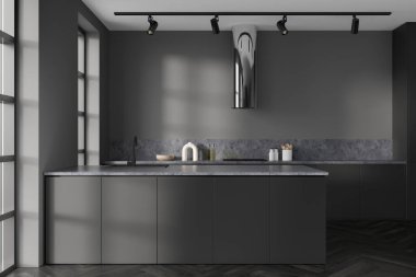 Karanlık mutfak odasının önü panoramik pencereler, dolap, lavabo, çanak çömlek, gaz ocağı, meşe ağacından ahşap zemin. Minimalist tasarım kavramı. Yaratıcı fikir için yer var. 3d oluşturma