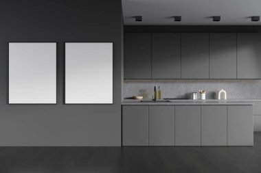 Karanlık mutfak odasının önü iki boş beyaz poster, dolap, gaz ocağı, yağ, meşe ağacından zemin. Minimalist tasarım kavramı. Yaratıcı fikir için yer var. Model yap. 3d oluşturma