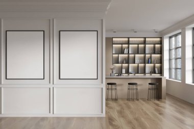 Parlak mutfak odasının önü iki boş beyaz poster, panoramik pencere, dolap, ada, ahşap zemin. Minimalist tasarım kavramı. Yaratıcı fikir için yer var. Model yap. 3d oluşturma