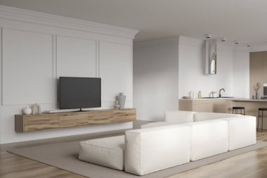 Parlak stüdyo odasının köşesinde televizyon, kanepe bar tabureleri ve meşe ağacından zemini olan bir ada var. Minimalist tasarım kavramı. Yaratıcı fikir için yer var. 3d oluşturma
