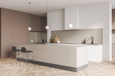 İçinde bar sandalyeleri ve tezgahı olan bej rengi yemekler, ahşap zemin, yan görüş, mutfak gereçleri ile lavabo. Moda aletleri olan modern bir mutfak. 3B görüntüleme