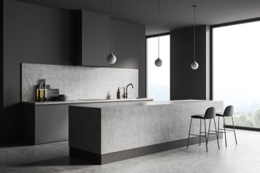 Bar sandalyeleri ve gri beton zeminde tezgah, yan görüş, kırsal alanda panoramik pencere. Mutfak eşyaları ve aletler. 3B görüntüleme