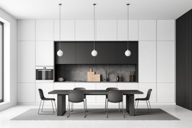 Şık bir iç mekan, sandalyeler, yemek masası, beton zeminde halı. Mutfak odası mutfak eşyaları, minimalist mobilyalar, pencere. 3B görüntüleme