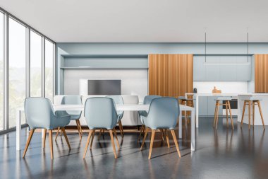 Parlak mutfak odasının önü panoramik pencereli, sandalyeli yemek masası, dolap, lavabo, beton zemin, ada. Minimalist tasarım kavramı. Yaratıcı fikir için yer var. 3d oluşturma