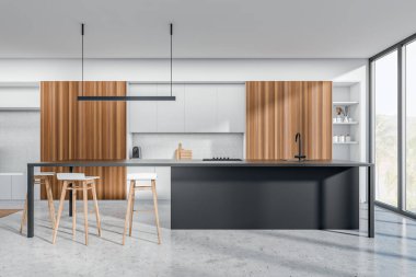 Parlak mutfak odasının önü panoramik pencere, dolap, lavabo, çanak çömlek, gaz ocağı, beton zemin, ada. Minimalist tasarım kavramı. Yaratıcı fikir için yer var. 3d oluşturma
