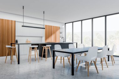 Beyaz mutfak içinde sandalyeler, yemek masası ve açık beton zemin üzerinde tezgah, yan manzara, mutfak gereçleri, kırsal alanda panoramik pencere. 3B görüntüleme