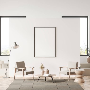 Beyaz oturma odasının içinde iki koltuk ve dekoratif kahve masası, ahşap zeminde halı. Kırsal kesimin penceresi. Aksan duvarındaki afişi taklit et, 3 boyutlu görüntüleme