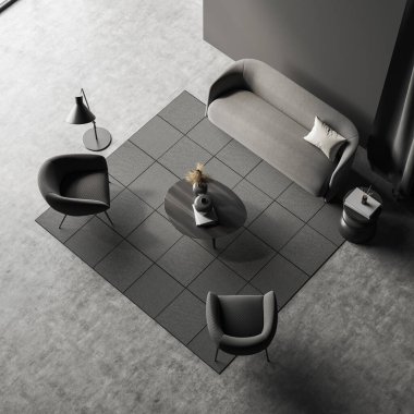 Koyu renk dinlenme odasının iç manzarası kanepe ve iki koltuk, sanat süslemeli kahve masası, gri beton zeminde halı. Minimalist misafir alanı, 3B görüntüleme