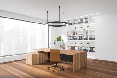 Ahşap iç mekan, bilgisayar, yan görüş, ahşap zemin üzerindeki koltuklar. Belgeler ve bitki rafı, Singapur şehir manzaralı panoramik pencere. 3B görüntüleme