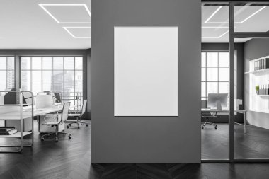 İçi karanlık bir iş odası CEO 'su özel odası ve çalışma alanı üzerinde bilgisayar, siyah ahşap zemin, Singapur şehir manzarasında panoramik pencere. Model poster. 3B görüntüleme