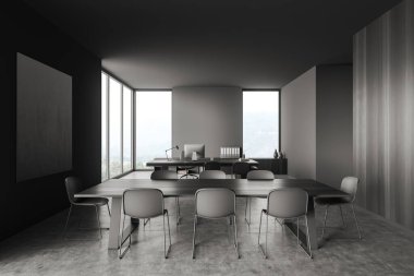 İçi sandalye ve masa dolu karanlık toplantı odası. Masasında bilgisayar ve resim posterli bekleme odası olan açık bir uzay dairesi. Kırsal kesimdeki panoramik pencereler, 3B oluşturma