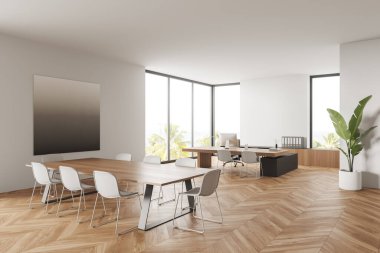 Ofis odasının içi panoramik pencereli, kırsal manzaralı, toplantı masalı, bilgisayarlı ve parke zeminli bir masa. Çalışma süreci ve buluşma yeri kavramı. 3d oluşturma