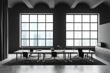 Çalışma odasının içinde koltuklar ve dizüstü bilgisayar, gri beton zeminde halı. Singapur şehir manzarasında panoramik pencereli ofis alanı. 3B görüntüleme