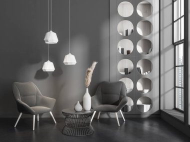 Oturma odasının içi iki koltuk, sehpa ve raflı kitaplar ve sanat dekorasyonu, siyah beton zemin. Şehir görünümünde panoramik pencere, 3B görüntüleme