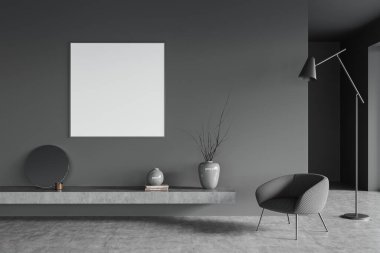 Koyu soğuk uzay iç mekanı koltuk, sanat dekorasyonlu raf, gri beton zeminde lamba. Kare boş poster, 3B görüntüleme