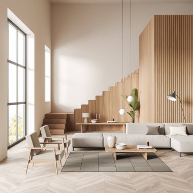 İçinde iki koltuk ve halı, merdiven ve ahşap döşeme sehpası olan bej soğutma odası. Kırsal kesimde panoramik pencere. 3B görüntüleme