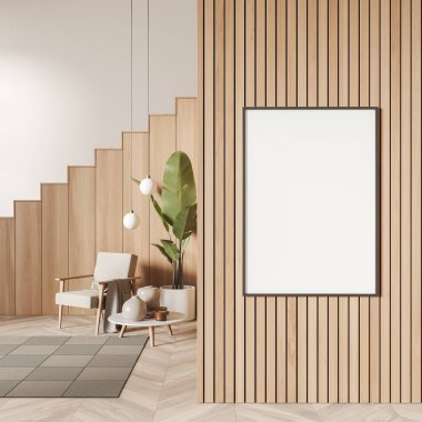 Koltuk, kahve masası, vazo ve mum süslemesi, ahşap döşemeli halı, merdiven. Boş poster, 3 boyutlu görüntüleme