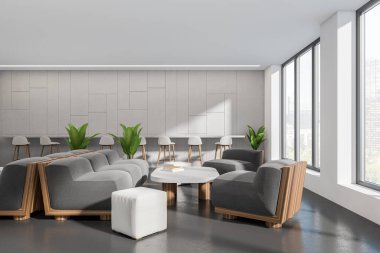 Kanepe ve puf, sehpa ve çiçekli bar sandalyeli beyaz kafe. Şehir manzarasında panoramik pencere, koyu beton zemin. Şık mobilyaları olan bir yemek salonu. 3B görüntüleme