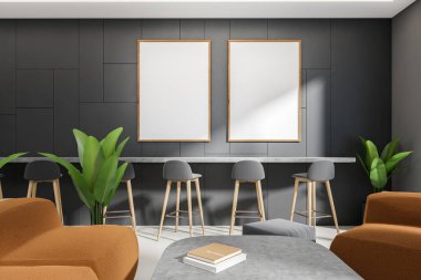 Bar sandalyeli, masalı, kanepeli ve dekorasyonlu bir kafe, gri beton zeminde bitki. Modern mobilyalarla beslenme alanı. İki maket poster. 3B görüntüleme