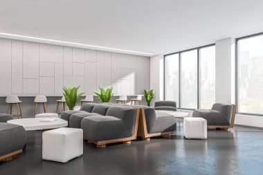 Beyaz restoran içi kanepe ve puf, sehpa ve yan manzaralı bar sandalyeleri. Şehir manzarasında panoramik pencere, koyu beton zemin. Şık mobilyaları olan bir yemek salonu. 3B görüntüleme