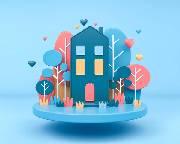 Decorative house and colorful trees with hearts floating. Podium on light blue background. Concept of showcase. Mockup for product display. 3D rendering