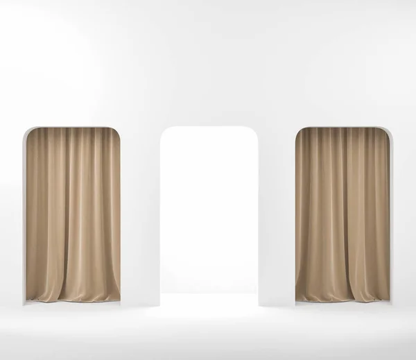 Beige curtain and door, entrance in art gallery. Dressing room and art exhibition hall. Mockup copy space. 3D rendering