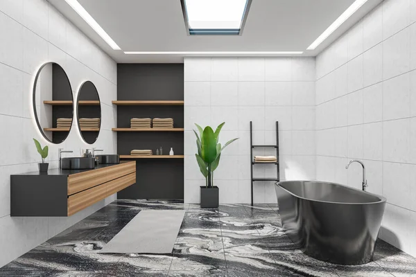 Front view on dark bathroom interior with bathtub, two round mirrors and sinks, liquid soap, white walls, carpet, houseplant, shelf with towels, marble tile floor. 3d rendering