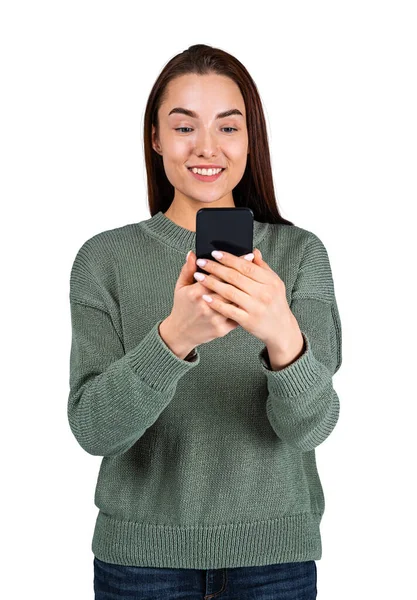 Young Woman Happy Smile Using Mobile App Lady Smartphone Making — Foto Stock
