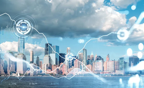 Arranha Céus Cidade Nova York Interface Digital Com Diagramas Torta — Fotografia de Stock