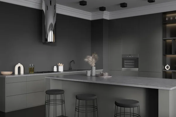 Corner view on dark kitchen room interior with oven, cupboard, island with barstools, oven, gas cooker, oak wooden floor. Concept of minimalist design. Space for creative idea. 3d rendering